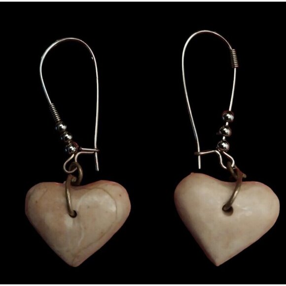 Vintage Silver Yellow Brown Jasper Heart Shaped Dangle Drop Earrings - Picture 1 of 2